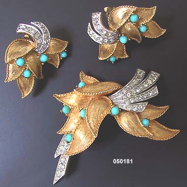 c. 1950's Boucher Pin & Earrings with Faux Turquoise