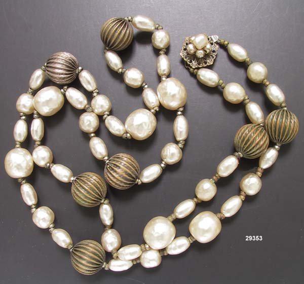 Miriam Haskell Pearl and Brass Necklace Vintage 1940 to 1950s