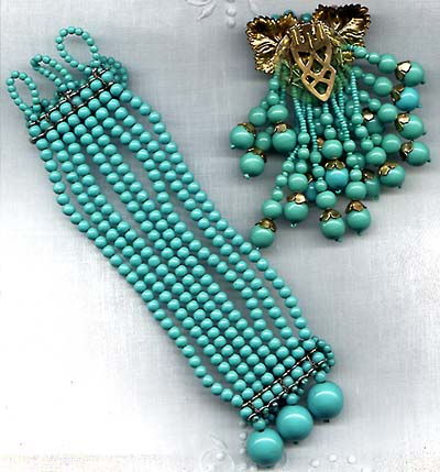 Unsigned Miriam Haskell Turquoise Bead Dress Clip and Bracelet Back
