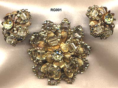 c. 1940s Miriam Haskell Brooch and Earrings