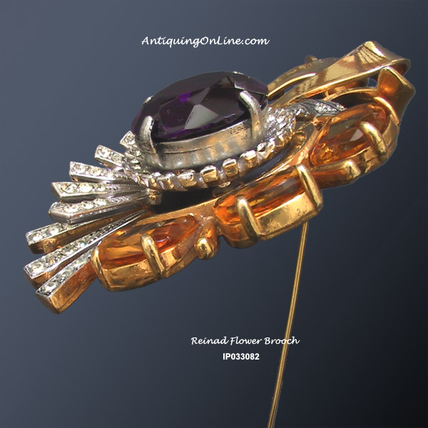 Vintage REINAD Gold-Plated Faux Amethyst and Topaz Ribboned Swirl Pin 1941