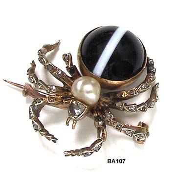 Victorian Rose Gold, Diamond, Pearl & Agate Spider Pin