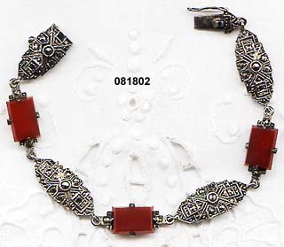 Art Deco Sterling Link Bracelet with Marcasites and Carnelians