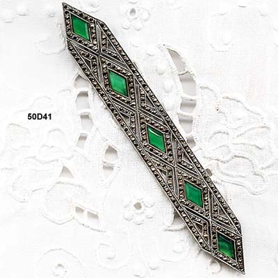 Art Deco Chrysophase and Marcasite Sterling Pin