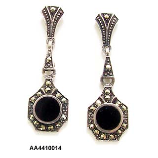 c. 1930's Art Deco sterling, onyx and marcasite pendant pierced (post) earrings