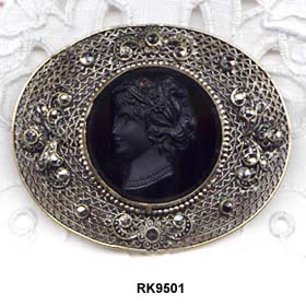 CZECHOSLOVAKIA Molded Black Glass Cameo Marcasite Studded Brooch