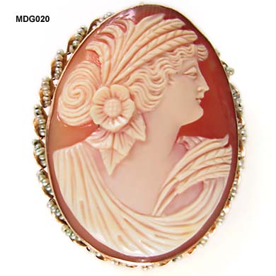 1890 to 1910 Shell Cameo of Ceres in 14 Karat Frame with Seed Pearls