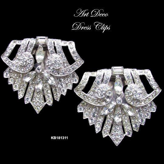 Pair Rhinestone Art Deco Dress Clips c 1930s