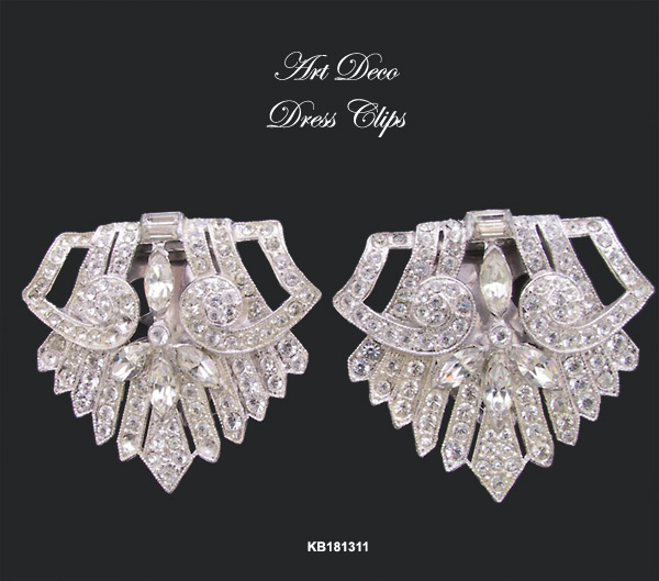 Pair Rhinestone Art Deco Dress Clips c 1930s