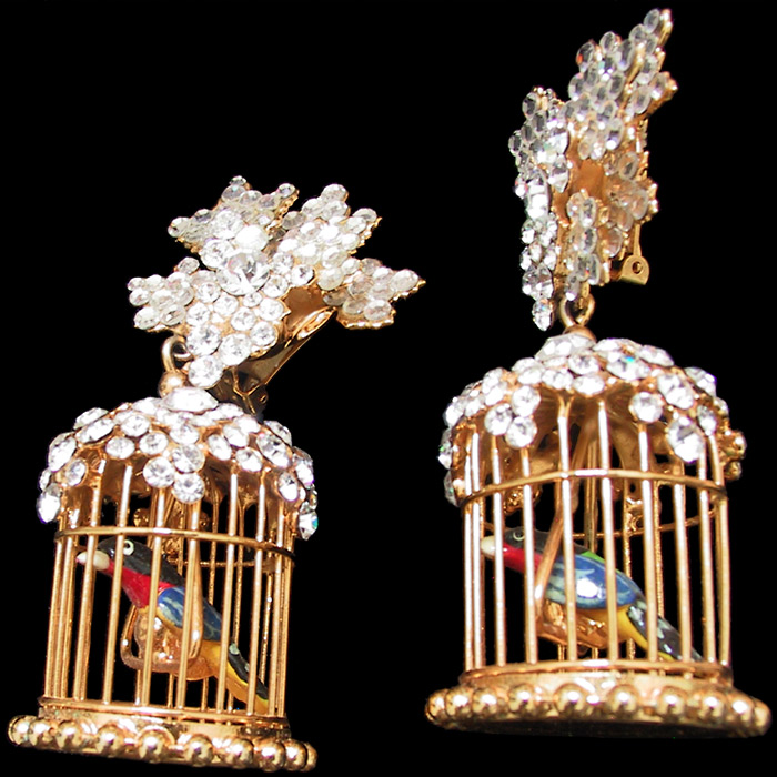 Vintage Siman Tu Bird in a Cage Pendant Earrings