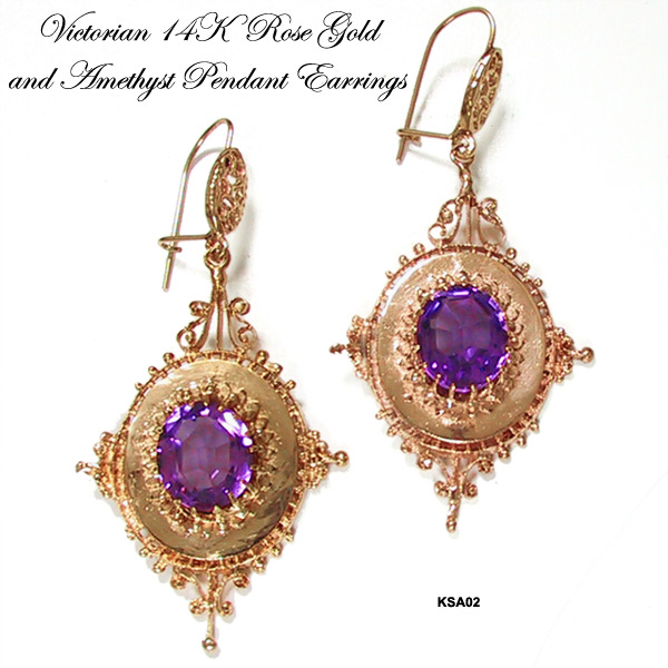 Antique Victorian 14 Karat Rose Gold & Amethyst Pendant Earrings