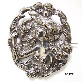 Art Nouveau Repousse Silver Brooch of Female with Flowers