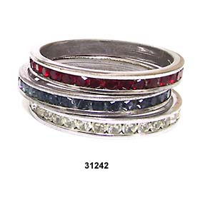 Vintage Silver Plated Rhinestone Rings Red, White & Blue
