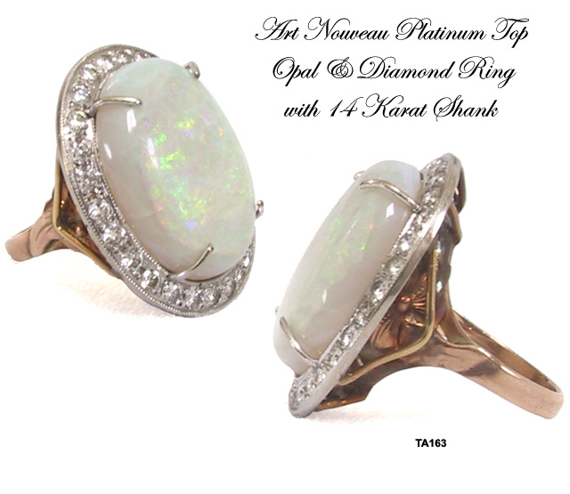 Art Nouveau Opal and Diamond Ring with Platinum Top