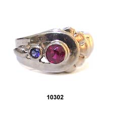 1940's 14K White Gold Blue and Red Sapphire Ring